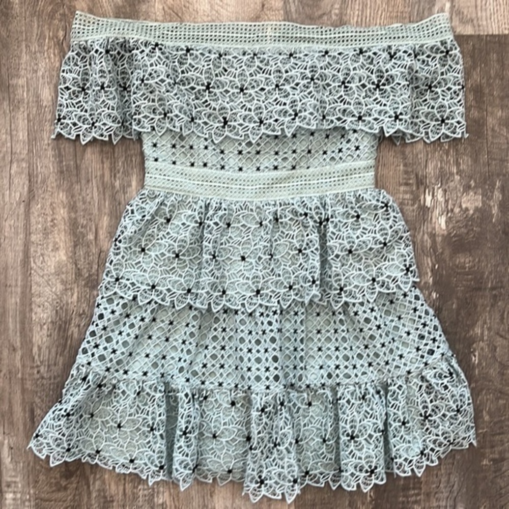 Self Portrait Blue Hibiscus Mini Off Shoulder Guipure Dress Size 6 - Picture 2 of 8